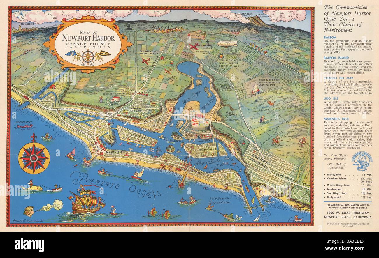 Mappa di Newport Harbor/Beach, Orange County, California di Claude Putnam c1955 Foto Stock