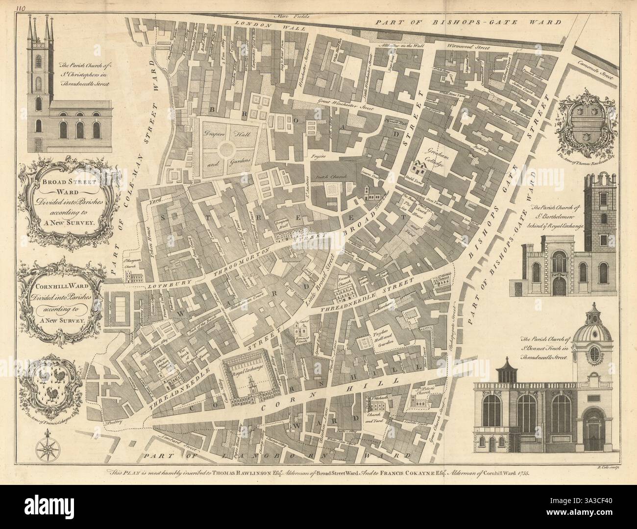Broad Street Ward & Cornhill Ward Divided… Città di Londra. COLE 1760 vecchia mappa Foto Stock