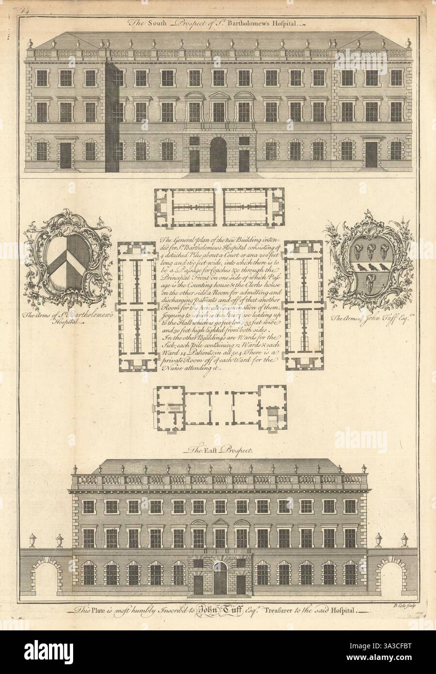 St Bartholomew's Hospital - Views & General Plan by Benjamin Cole 1760 print Foto Stock