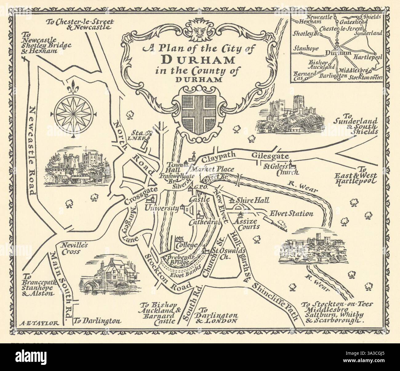 Un piano della città di Durham nella contea di Durham da A.E. Taylor c1934 mappa Foto Stock