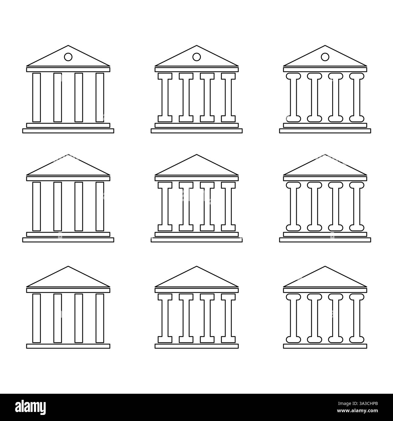 Set di icona dell'architettura universitaria, simbolo romano del museo, illustrazione vettoriale a disegno piatto . Illustrazione Vettoriale