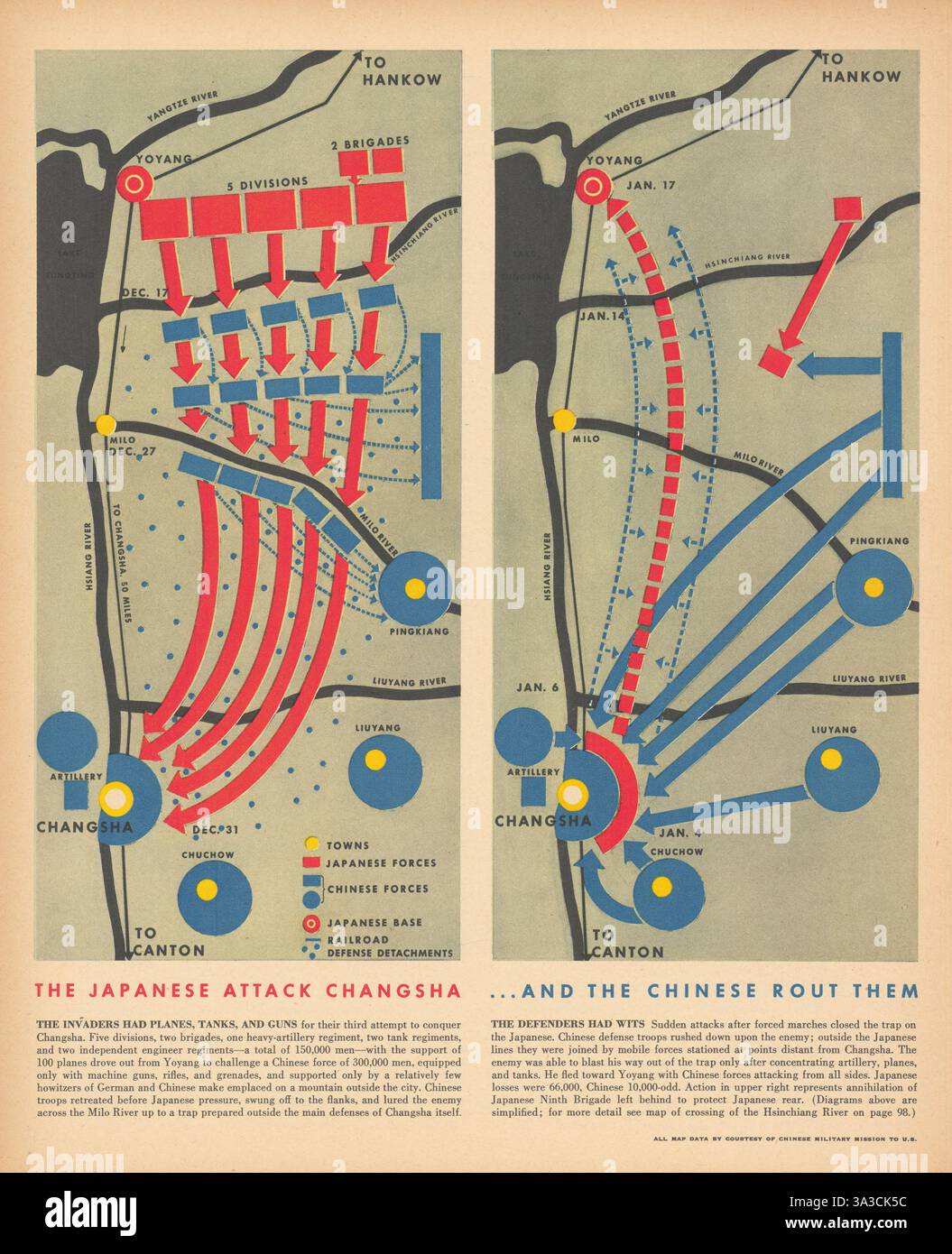 I giapponesi attaccano Changhsa… e i cinesi li distruggono. Mappa 3rd Battle 1942 Foto Stock