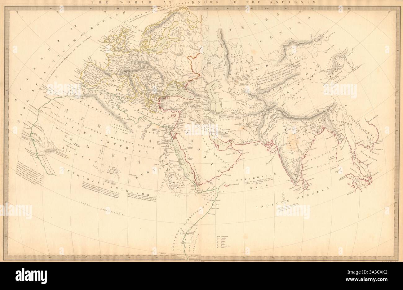IL MONDO CONOSCIUTO DAGLI ANTICHI. Erodoto Tolomeo Plinio hanno. Vecchia mappa SDUK 1844 Foto Stock