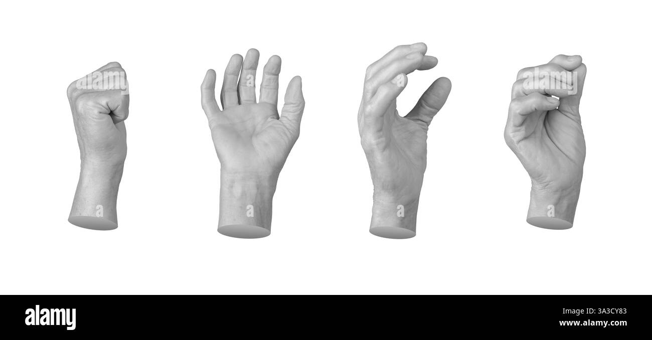 La mano di una donna anziana tiene, stringe e afferra con gesti diversi. Cinque mani visualizzate in varie posizioni pugno chiuso, palmo aperto, s Foto Stock
