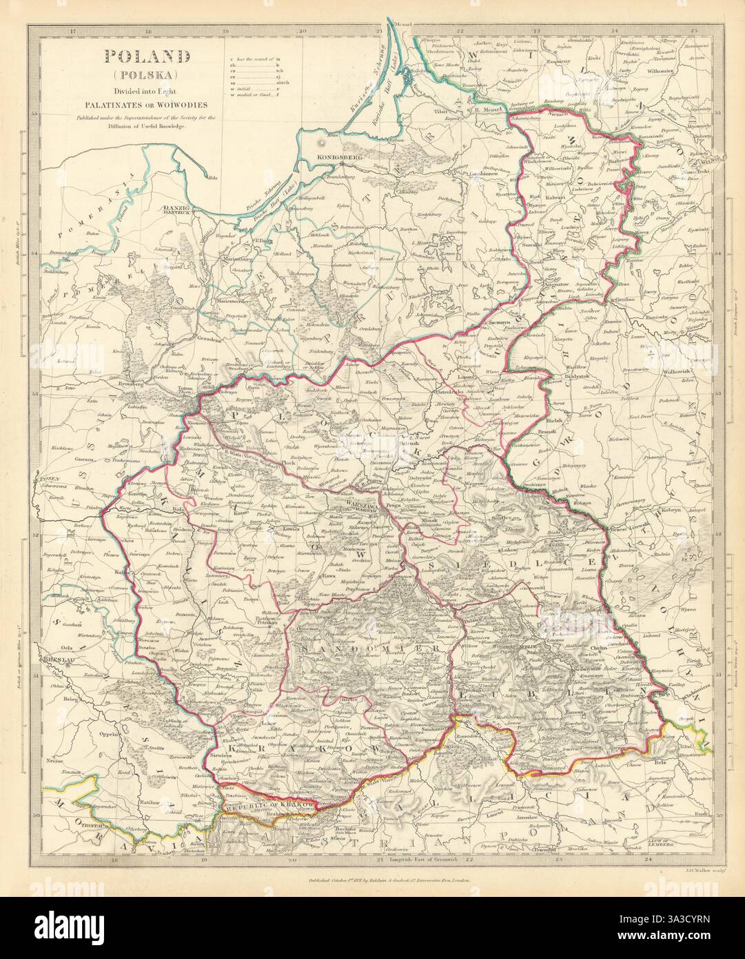 POLAND POLSKA.Palatinates Woiwodies.Mazow Cracovia Plock Kalisz &c.SDUK 1844 map Foto Stock