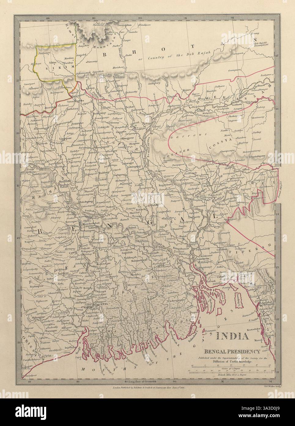 BENGALA BANGLADESH. Chittagong (Chotogram) Sikim Sikkim Bhutan. Mappa SDUK 1844 Foto Stock