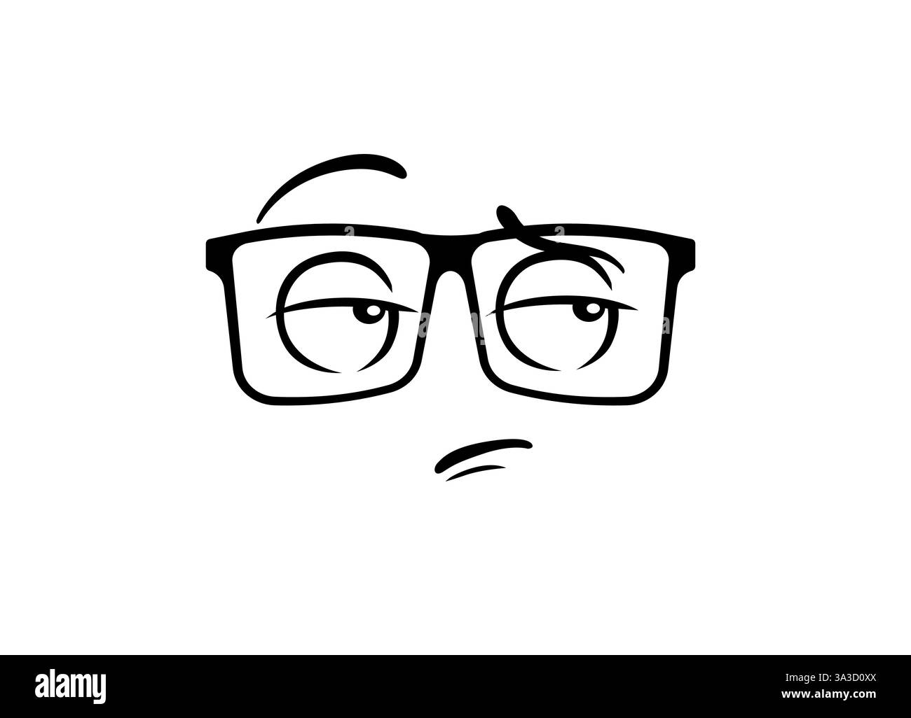 Faccia divertente con occhiali e sopracciglia rialzata che mostra dubbi e scetticismo nel design vettoriale Illustrazione Vettoriale