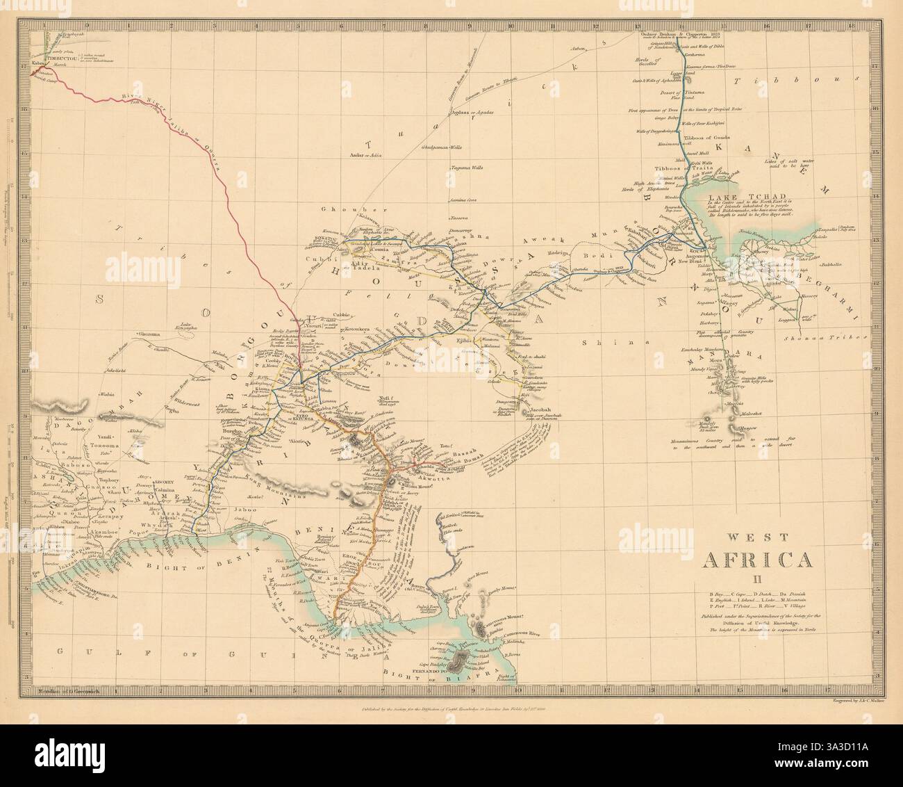 La Nigeria w/ primi esploratori' rotte. Il lago Ciad Yariba Houssa Borgou.SDUK 1844 mappa Foto Stock