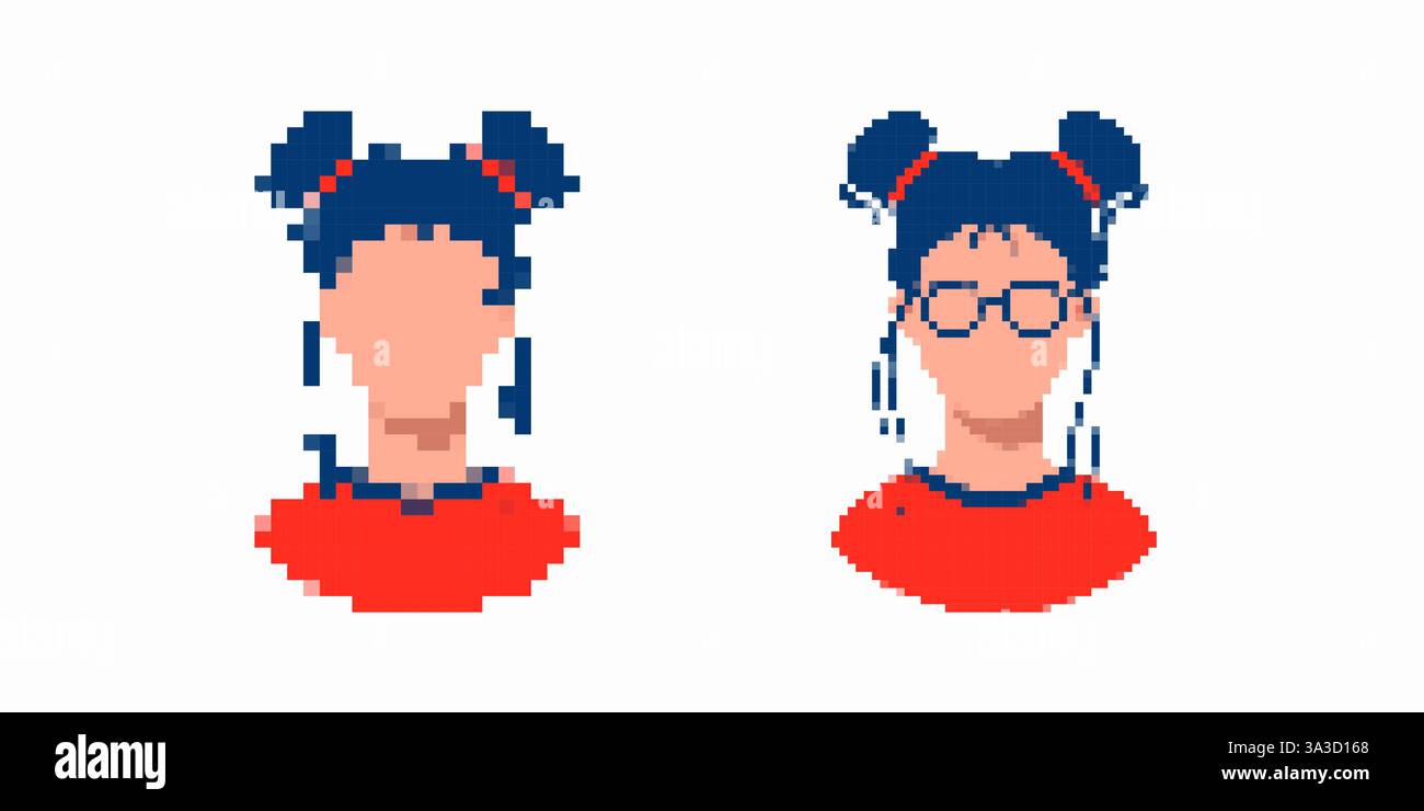 Personaggi pixel art con capelli scuri e abiti rossi che mostrano diverse acconciature Illustrazione Vettoriale