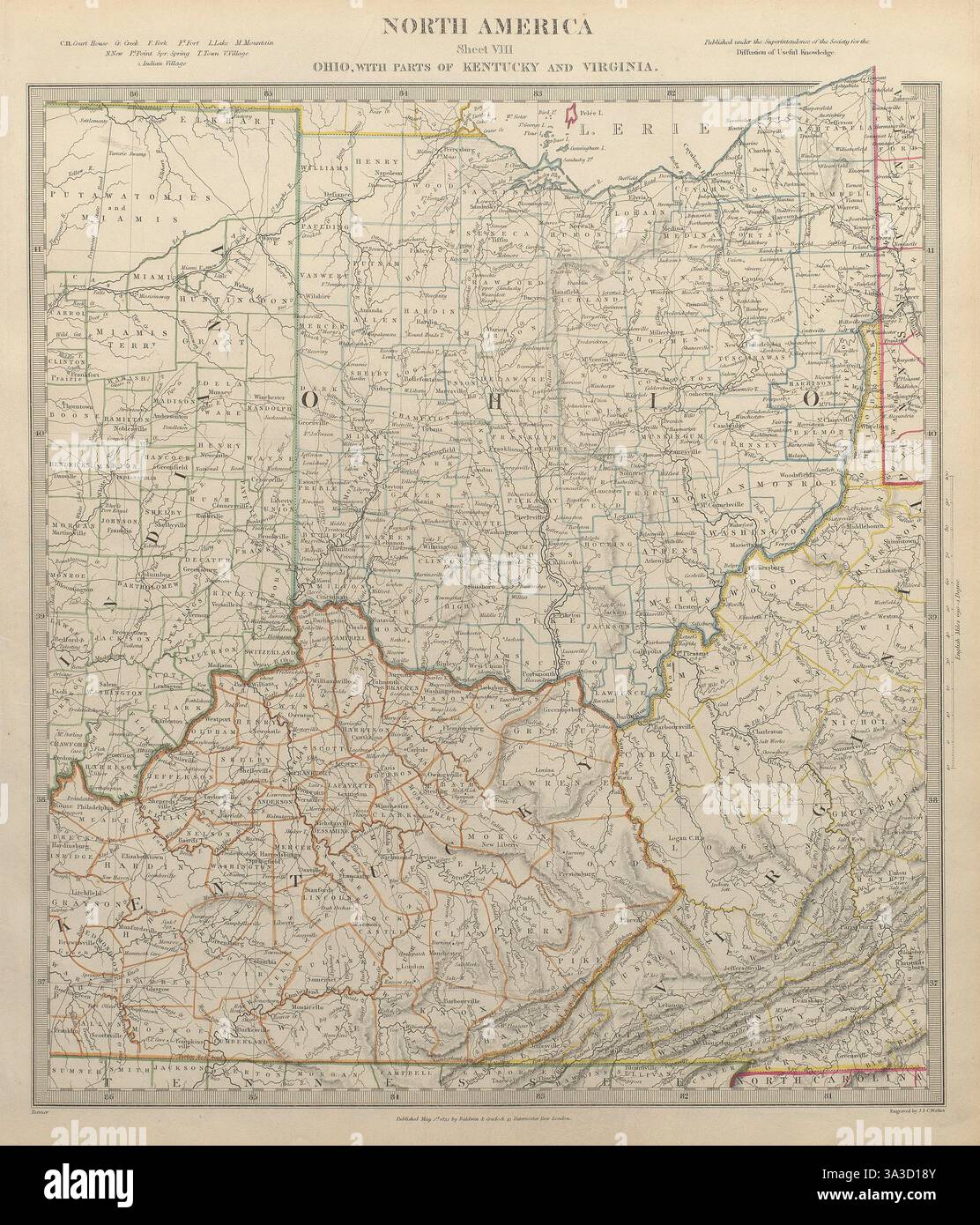 USA. Ohio con parti del Kentucky, della Virginia e dell'Indiana. Contee. Mappa SDUK 1844 Foto Stock