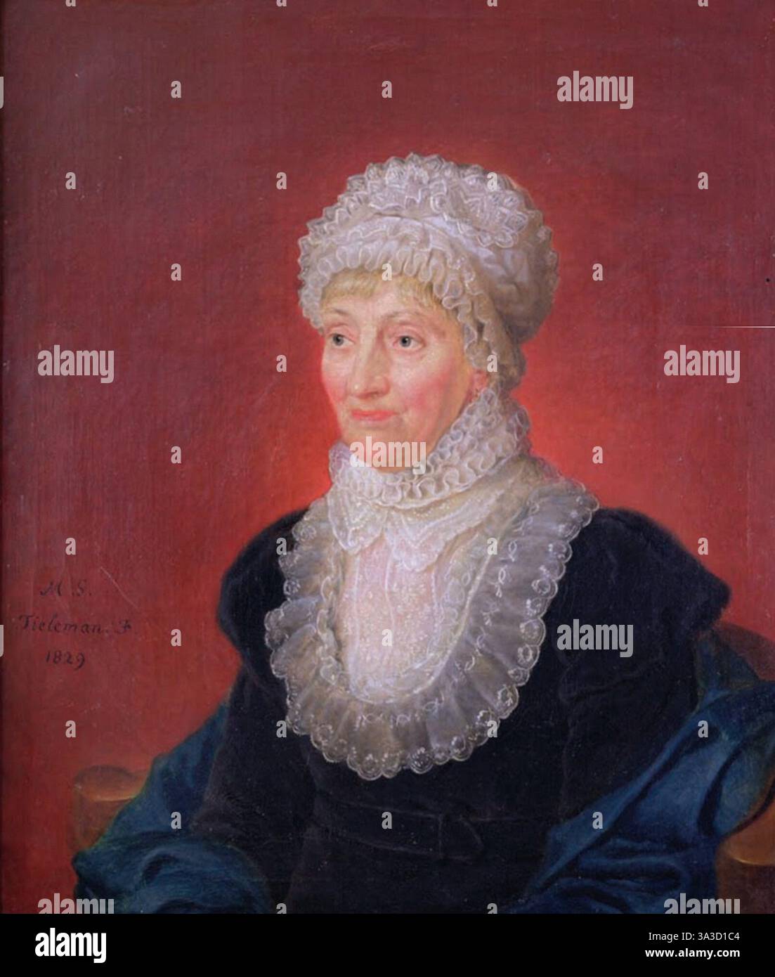 Un ritratto della bord astronoma tedesca Caroline Herschel. Era la sorella minore di William Herschel, con il quale ha lavorato quasi tutta la sua vita. Erano coinvolti nella produzione di telescopi e i telescopi di Herschel erano così ben fatti che significavano che gli oggetti nebulosi precedentemente conosciuti erano in realtà ammassi stellari. Foto Stock