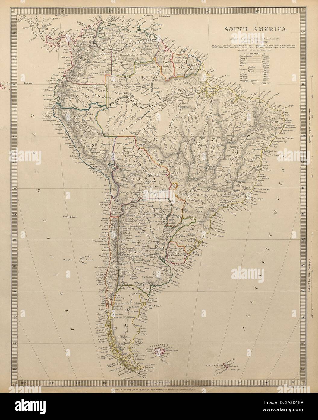 SUD AMERICA. Brasile Cile Perù Bolivia Patagonia la Plata. Vecchia mappa SDUK 1844 Foto Stock