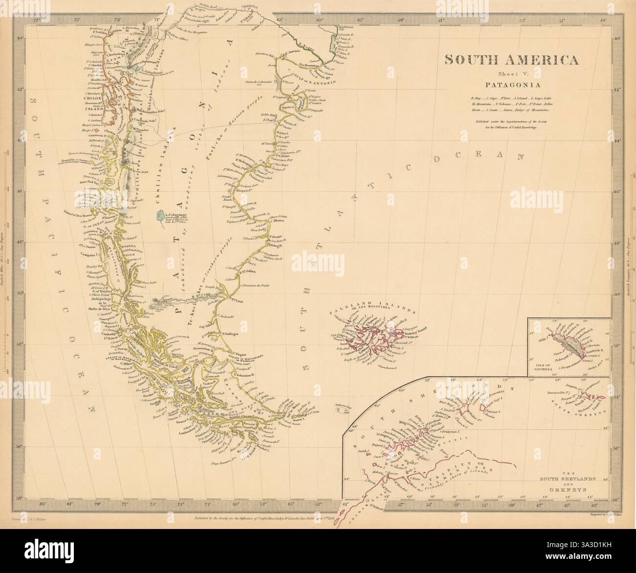 PATAGONIA. Argentina Cile Tierra del Fuego Falklands S Georgia.SDUK 1844 mappa Foto Stock
