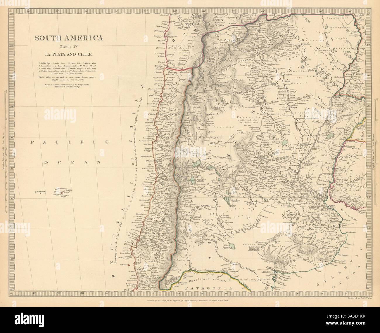 SUD AMERICA.la Plata e Chilé.Cile Argentina Uruguay Bolivia.SDUK 1844 mappa Foto Stock
