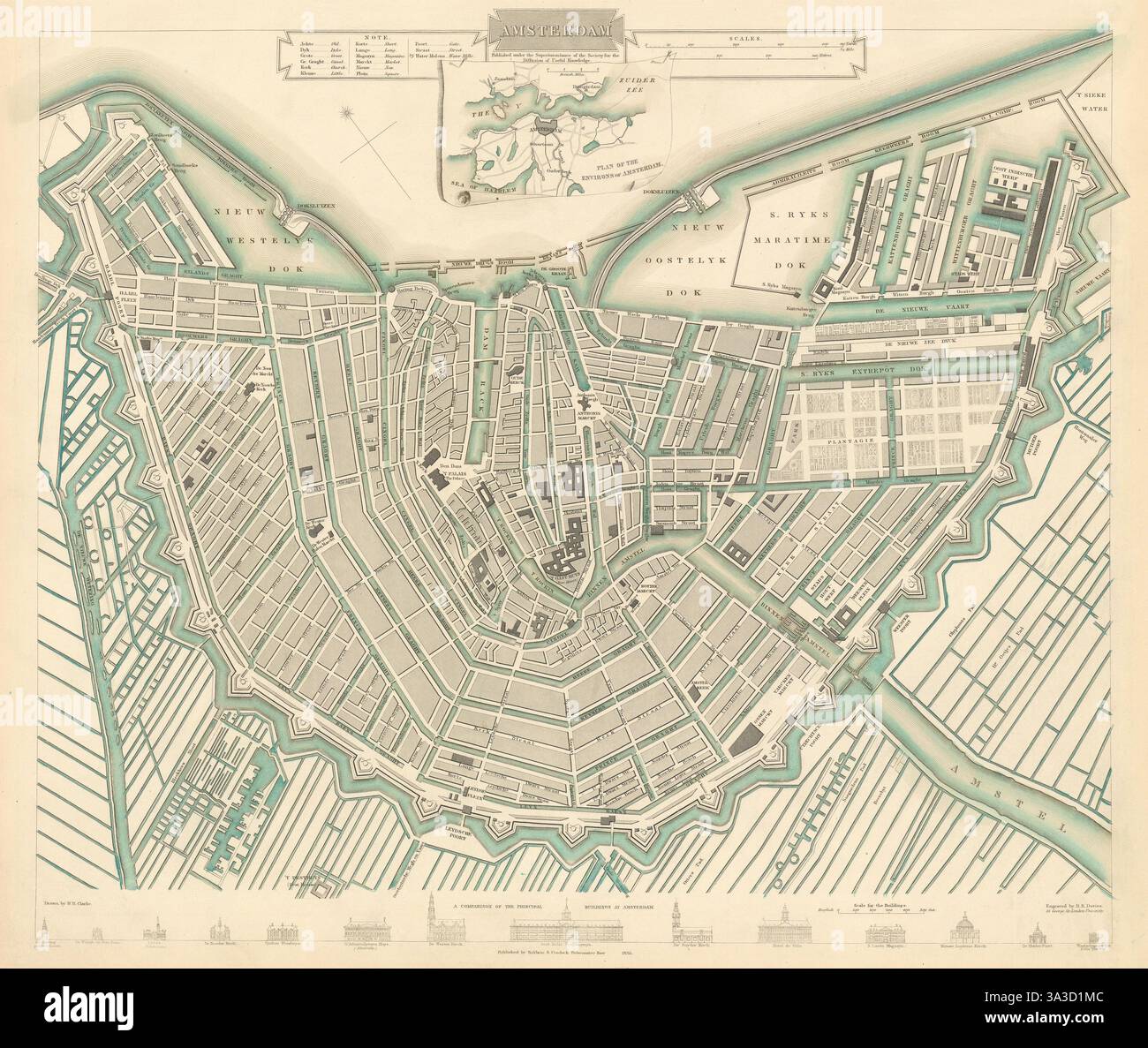 AMSTERDAM. Mappa della città. Infilare i dintorni di Amsterdam. SDUK 1844 Foto Stock