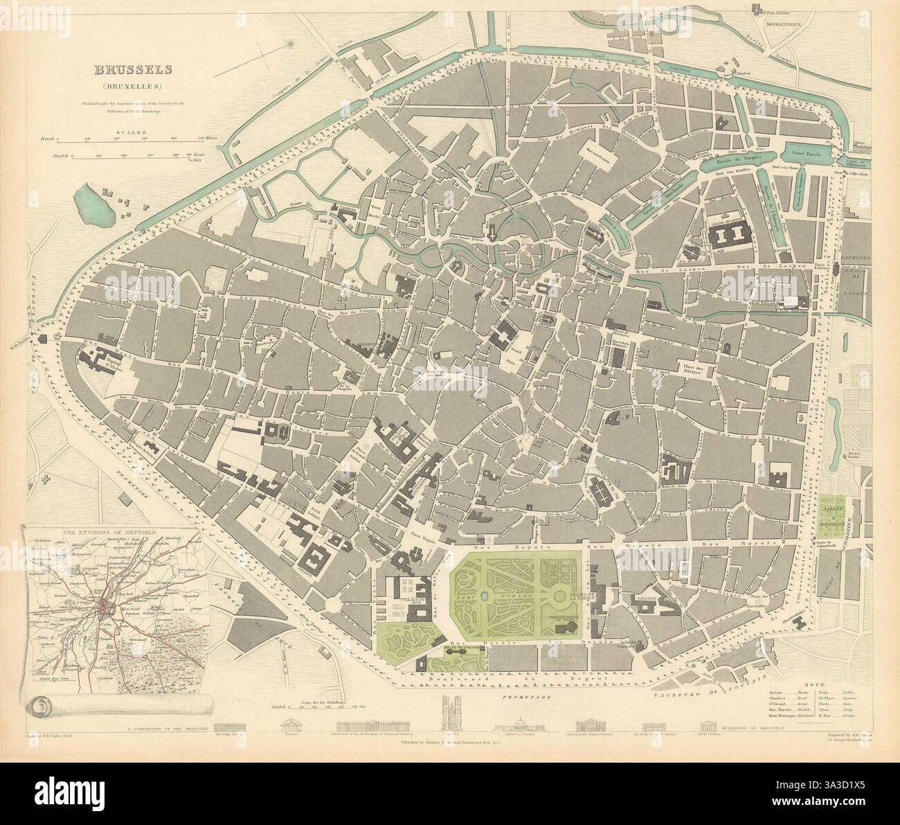 Bruxelles Bruxelles Brussel. Antica città di piano mappa.Inset dintorni.SDUK 1844 Foto Stock