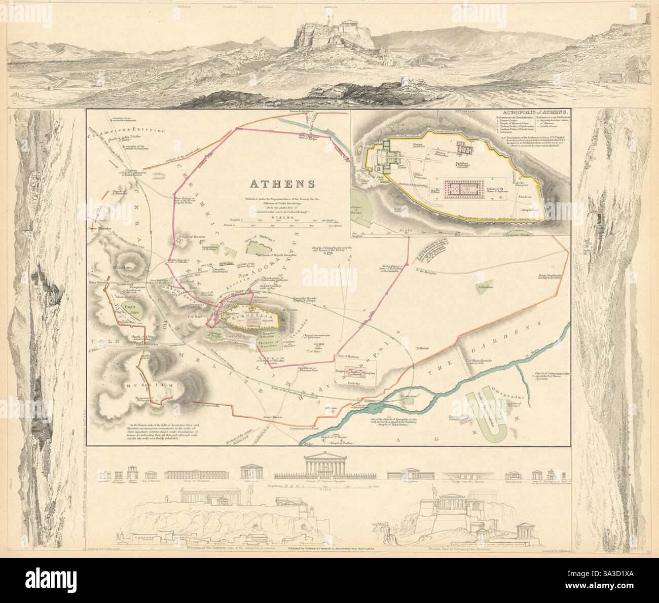 ANTICA ATENE. Αθήνα. Mappa della città antica. Acropoli. SDUK 1844 Foto Stock