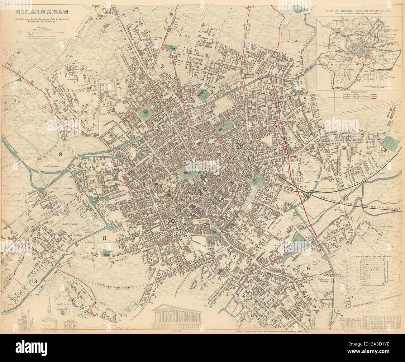 BIRMINGHAM. Città antica città mappa piano. Inset dintorni di Birmingham. SDUK 1844 Foto Stock