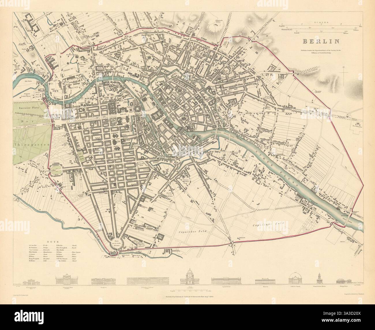 BERLINO. Mappa della città antica che mostra le fortificazioni. SDUK 1844 vecchio Foto Stock