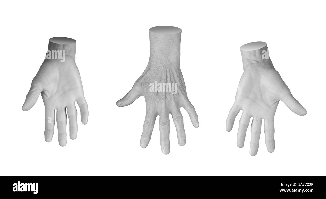 Una mano anziana con le dita spalmate, il palmo aperto, che si allunga con un gesto di comunicazione. Pelle invecchiata e rugosa con vene e consistenza visibili, empha Foto Stock