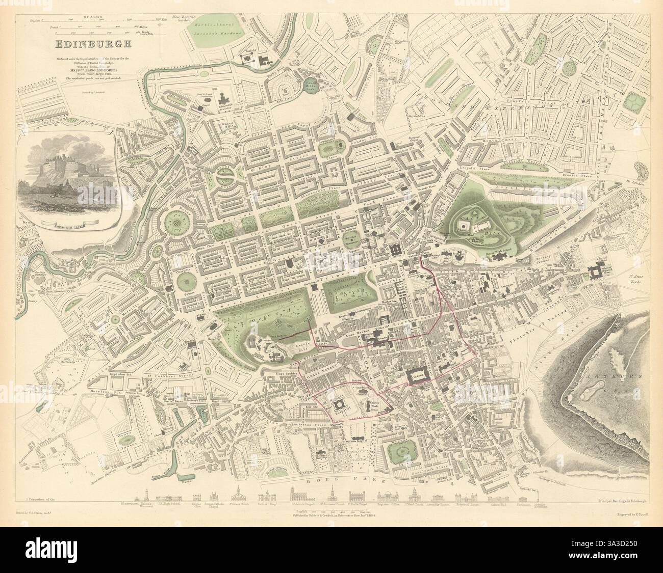 EDIMBURGO. Mappa della città antica. Profili degli edifici chiave. SDUK 1844 Foto Stock