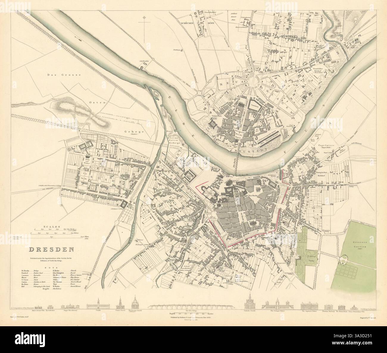 DRESDA. Mappa della città antica. Colore originale. SDUK 1844 vecchio Foto Stock