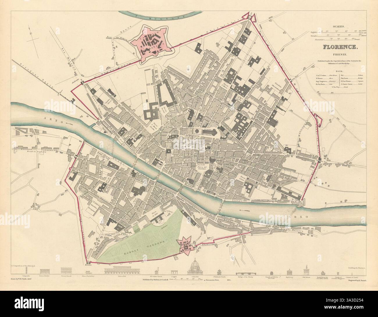 Firenze Firenze. Città antica città mappa piano. Edifici chiave profili. SDUK 1844 Foto Stock