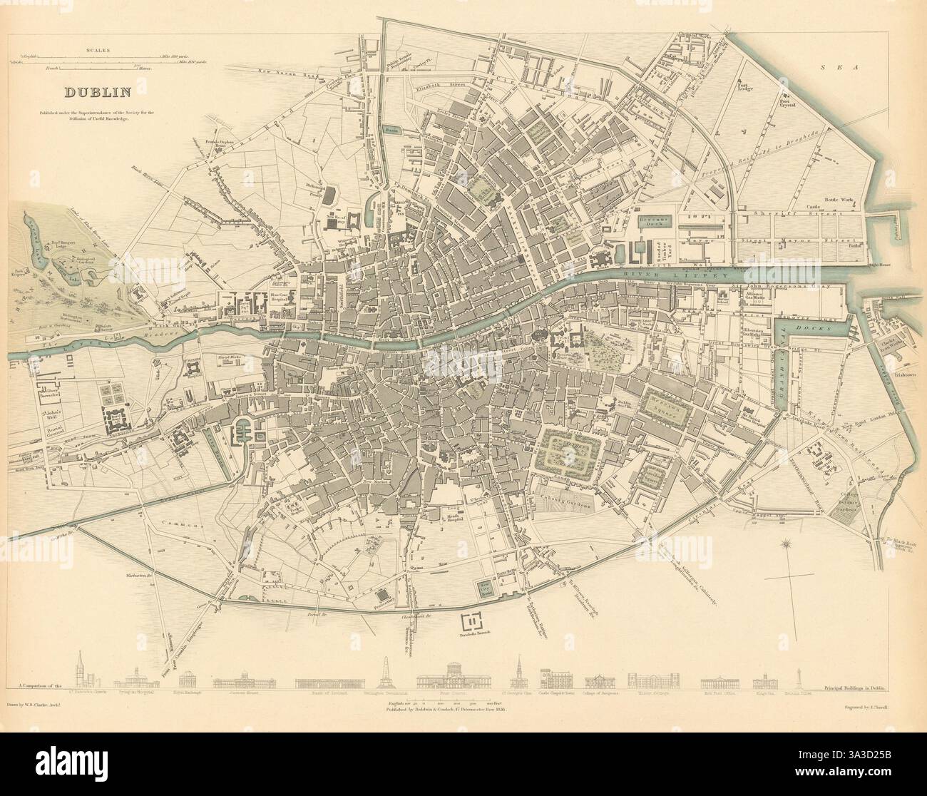 DUBLINO. Mappa della città antica. Profili degli edifici chiave. SDUK 1844 vecchio Foto Stock