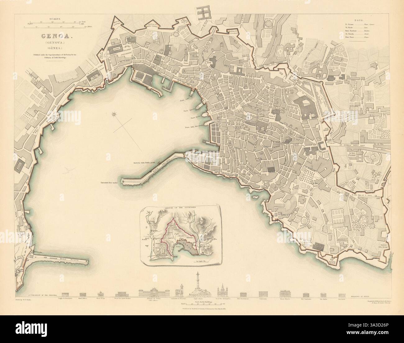 GENOVA (GENOVA GÊNES) geni. Antica città di piano mappa.Inset outworks.SDUK 1844 Foto Stock