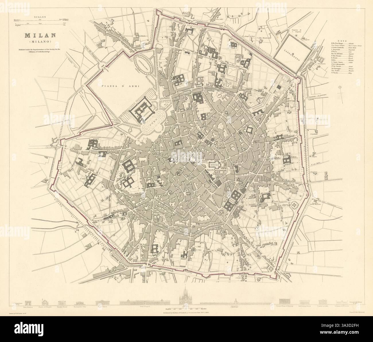 Milano Milano. Città antica città mappa piano. Edifici principali profili. SDUK 1844 Foto Stock