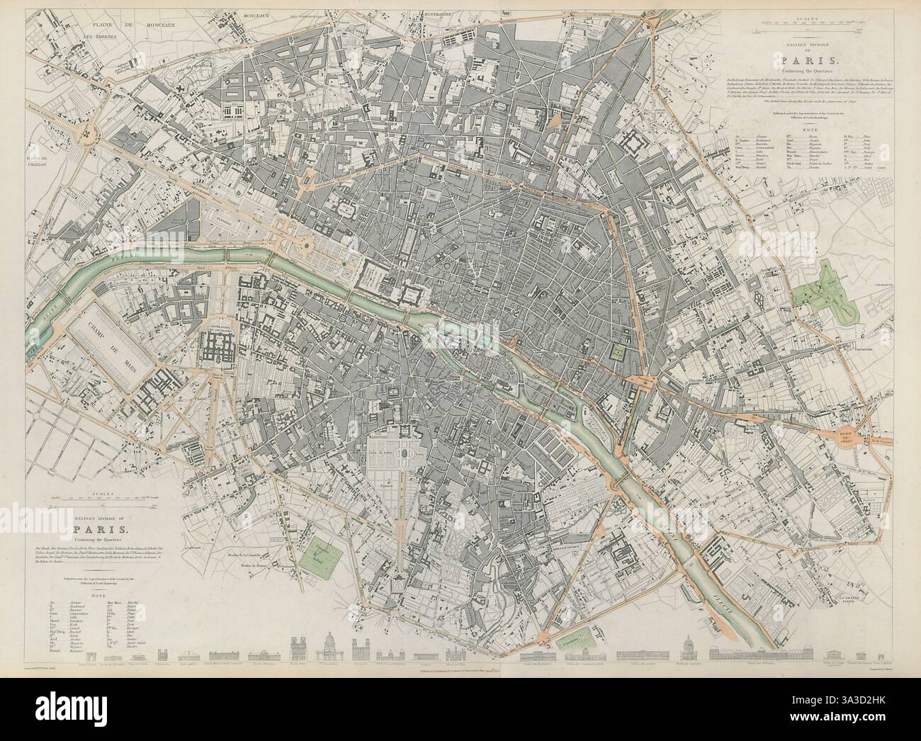 PARIGI. Mappa della città antica. GRANDE 55 x 40 cm. SDUK 1844 vecchio Foto Stock