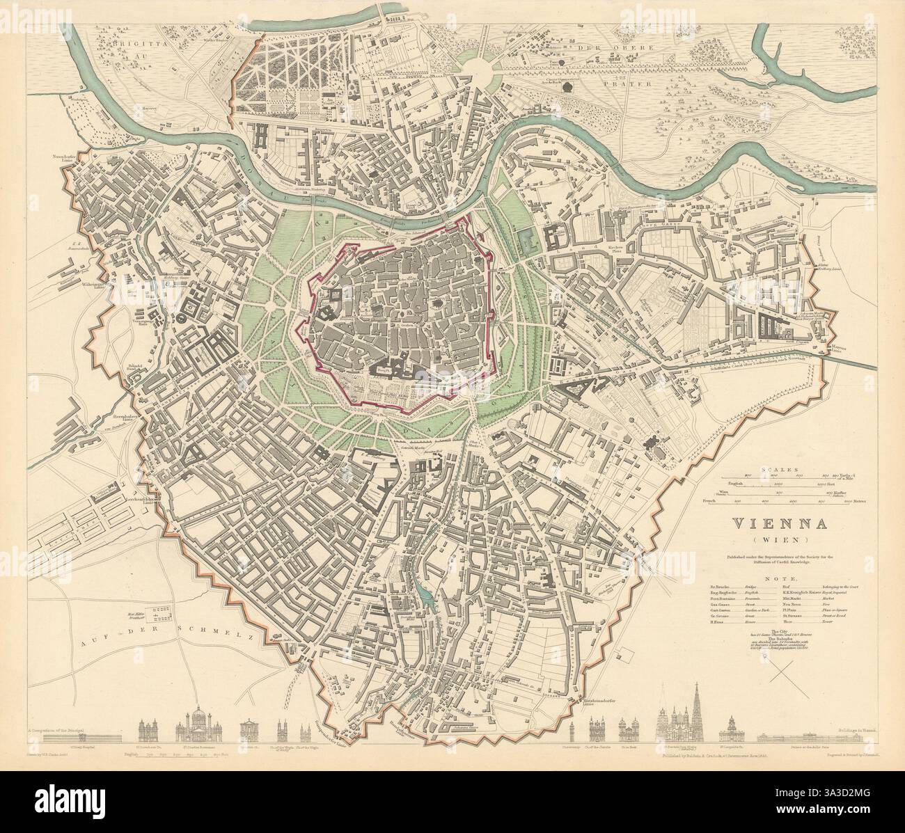 VIENNA WIEN. Città antica città mappa piano. Edificio principale profili. SDUK 1844 Foto Stock