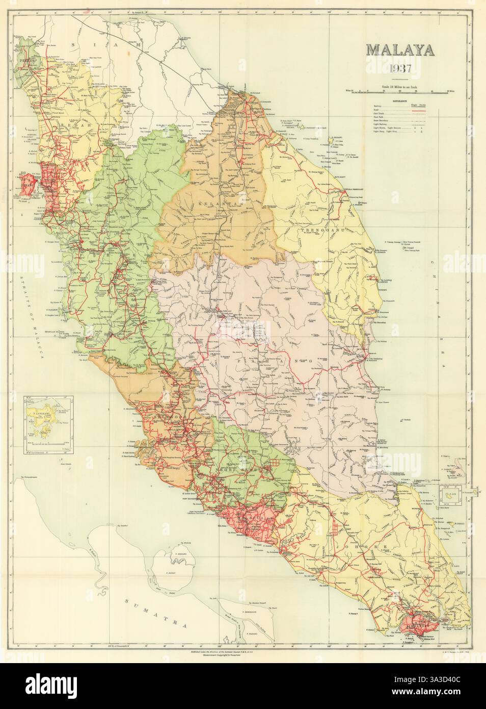 Malaya dal Surveyor General. Strade, ferrovie e carreggiate 1938 vecchia cartina Foto Stock