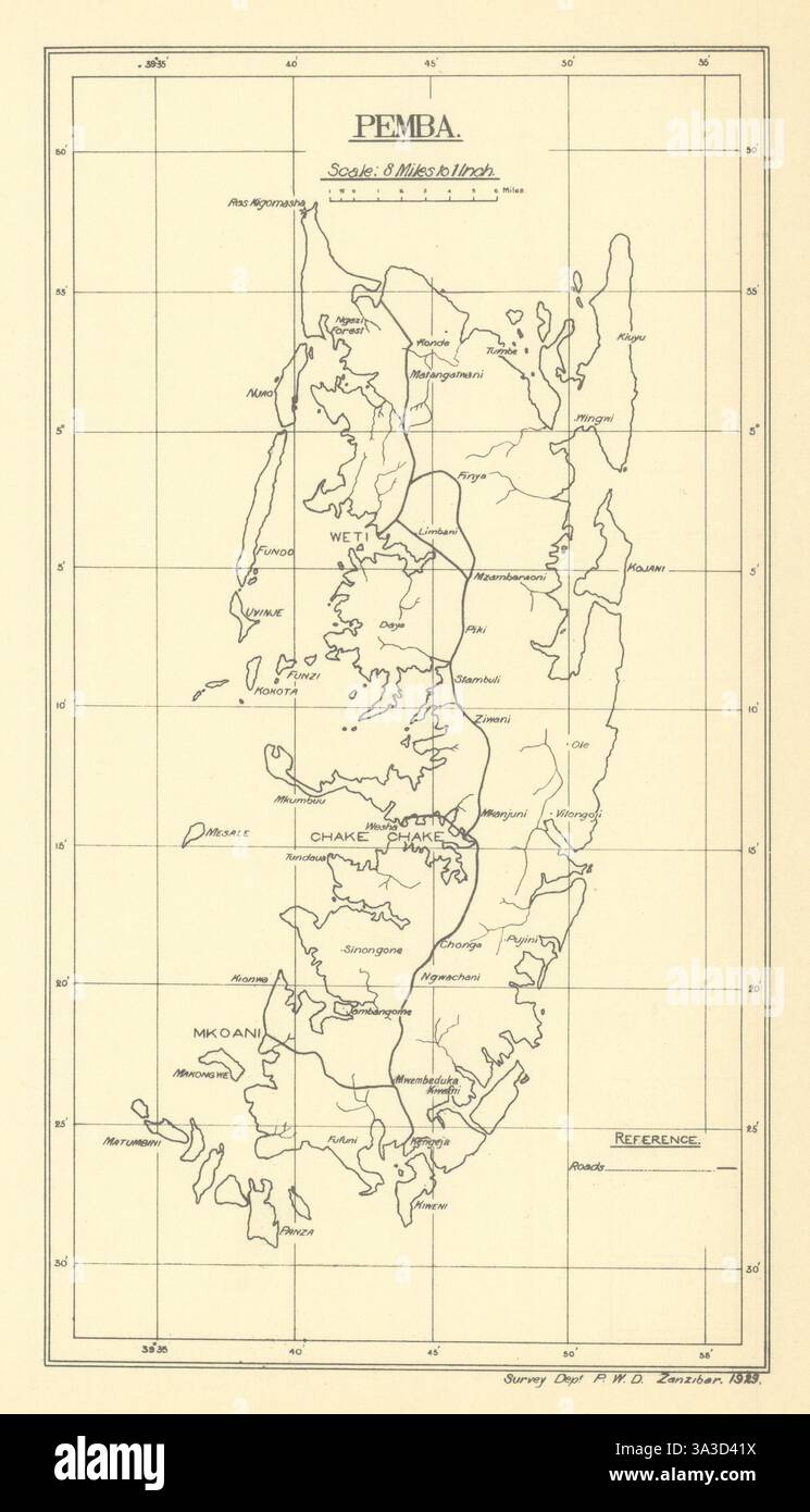 Mappa dell'isola di Pemba, Tanzania, a cura del Dipartimento di indagine, Zanzibar 1938 vecchio Foto Stock