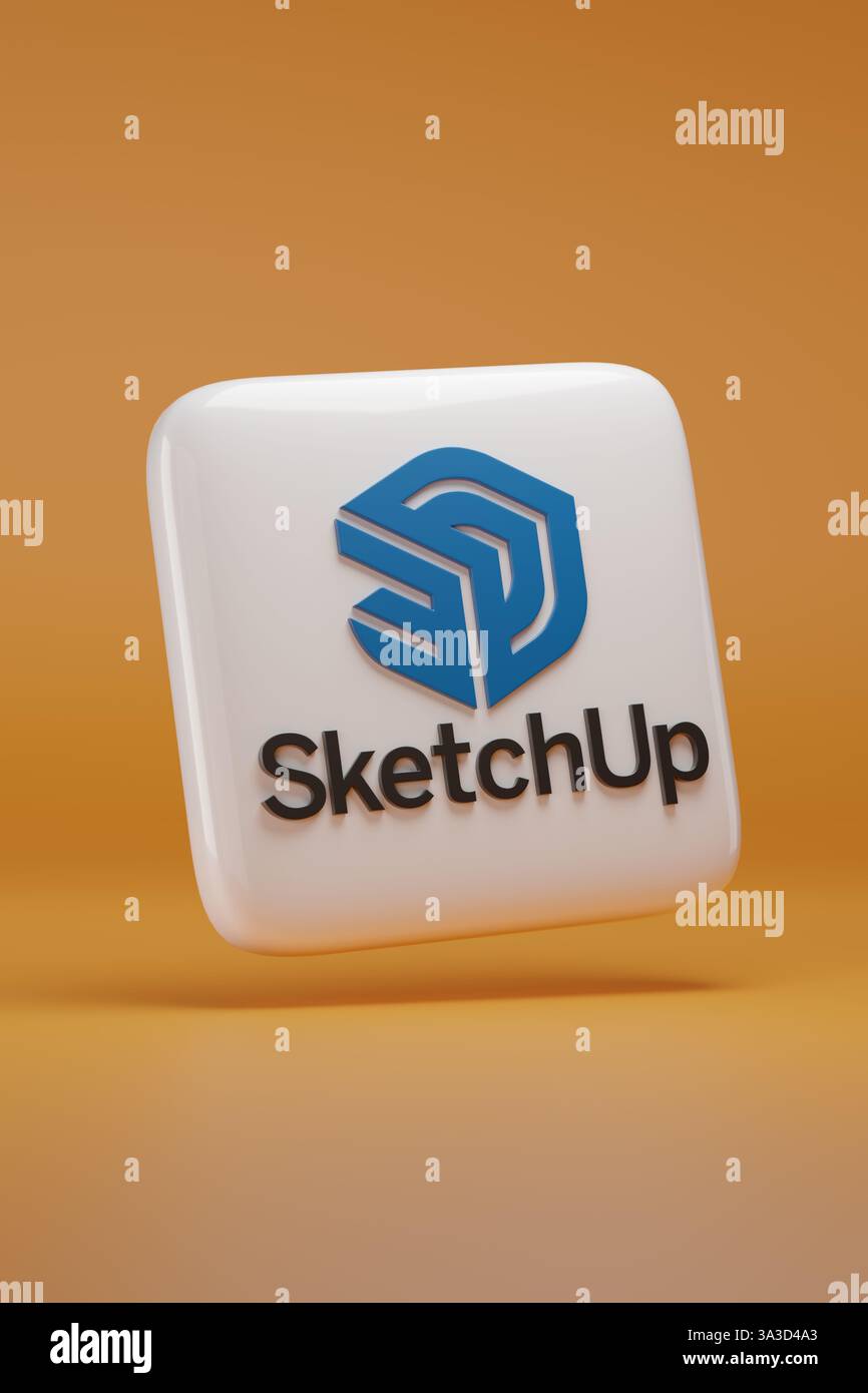 Buenos Aires, Argentina - 9 marzo 2025: Logo tridimensionale di SketchUp con tipografia su sfondo arancione. illustrazione 3d. Foto Stock