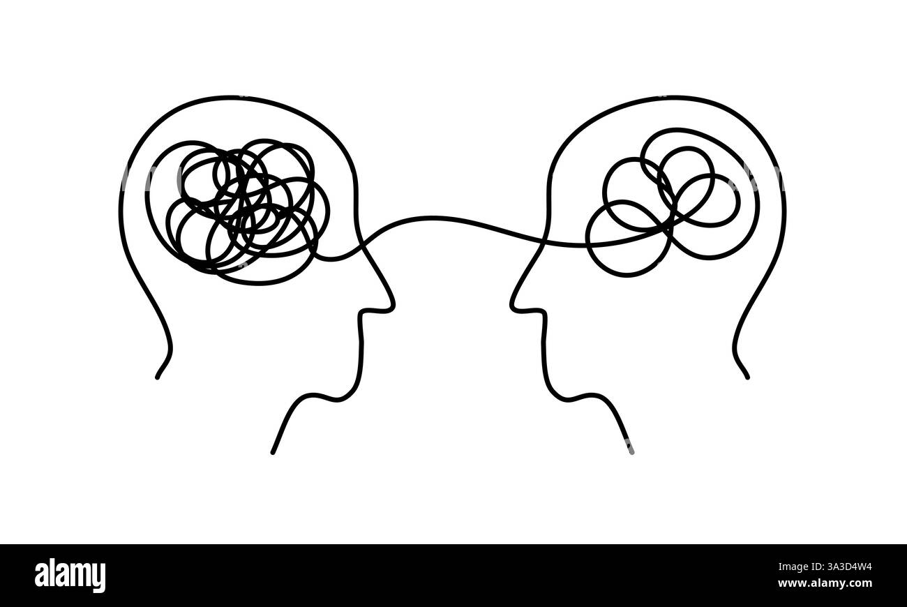 Illustrazione astratta di due menti collegate da un thread per il concetto di comunicazione Illustrazione Vettoriale