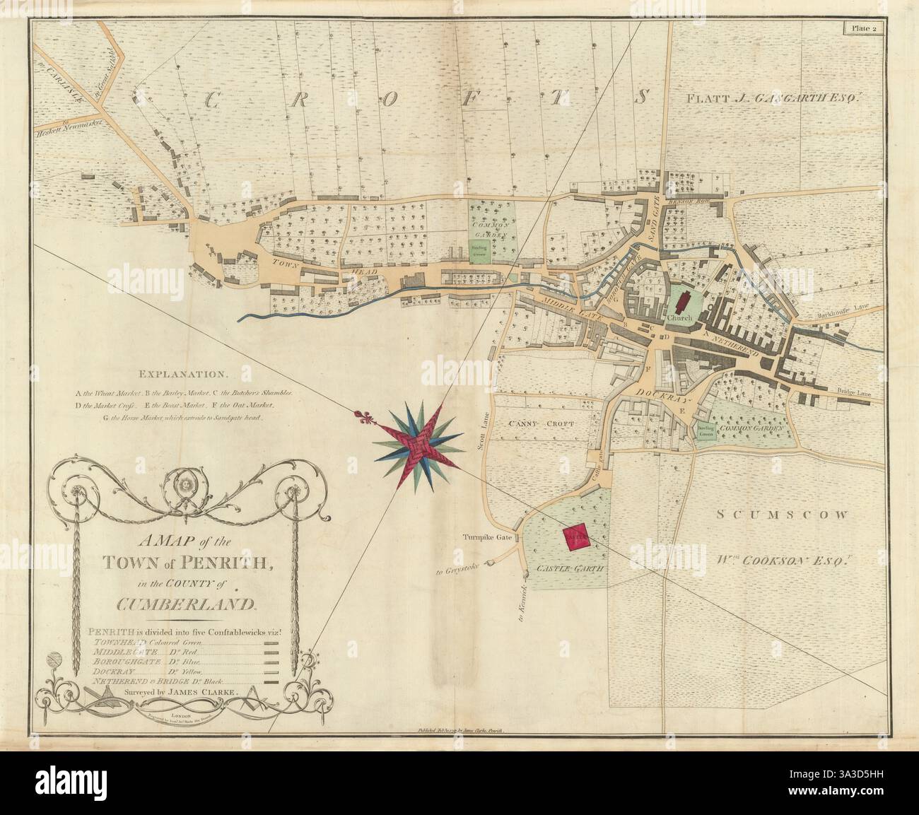 Il primo piano dettagliato di Penrith, di James Clarke. Cumbria 1789 vecchia mappa Foto Stock