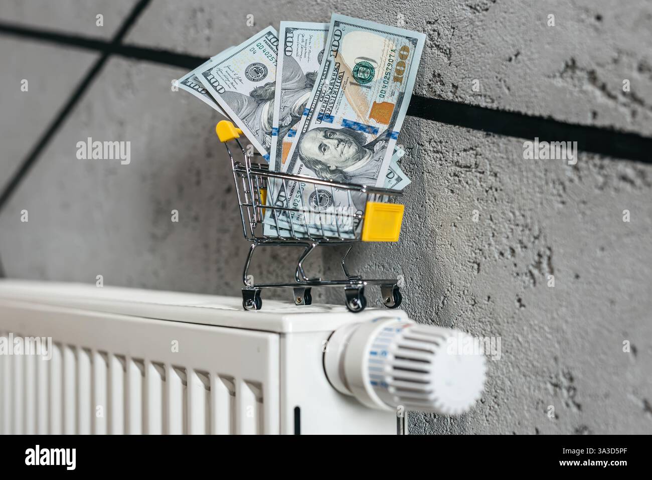 Accendere il radiatore di riscaldamento con il denaro versato, simboleggiando i costi di riscaldamento elevati durante la stagione fredda. Foto Stock
