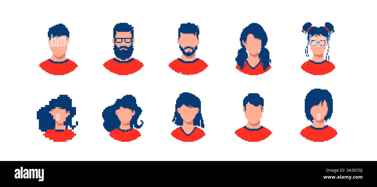 Collezione di volti di pixel art con acconciature e accessori diversi Illustrazione Vettoriale