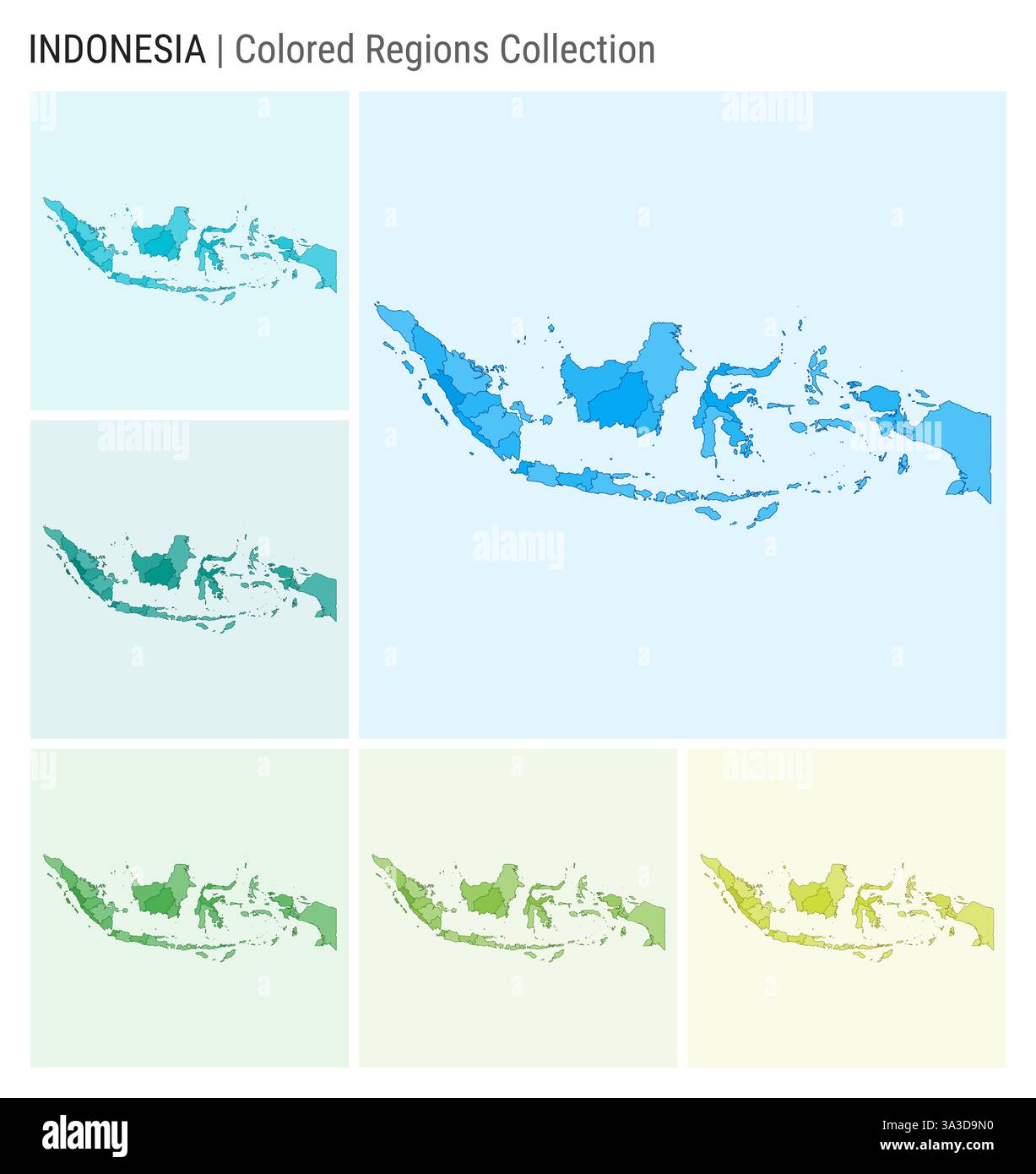 Collezione di mappe dell'Indonesia. Forma del paese con regioni colorate. Azzurro, ciano, verde, verde chiaro, tavolozze di colori lime. Illustrazione Vettoriale