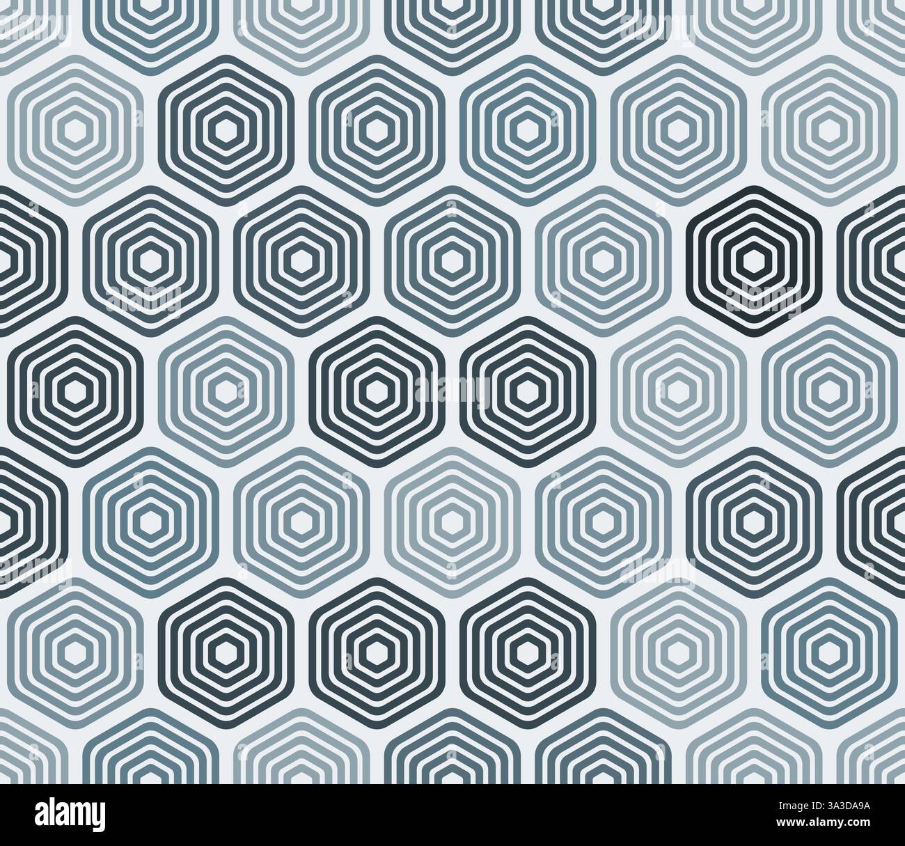 Design geometrico con motivo esagonale. Audaci esagoni sovrapposti arrotondati motivo a mosaico. Toni di colore blu. Grandi forme esagonali. Design senza cuciture. Illustrazione Vettoriale