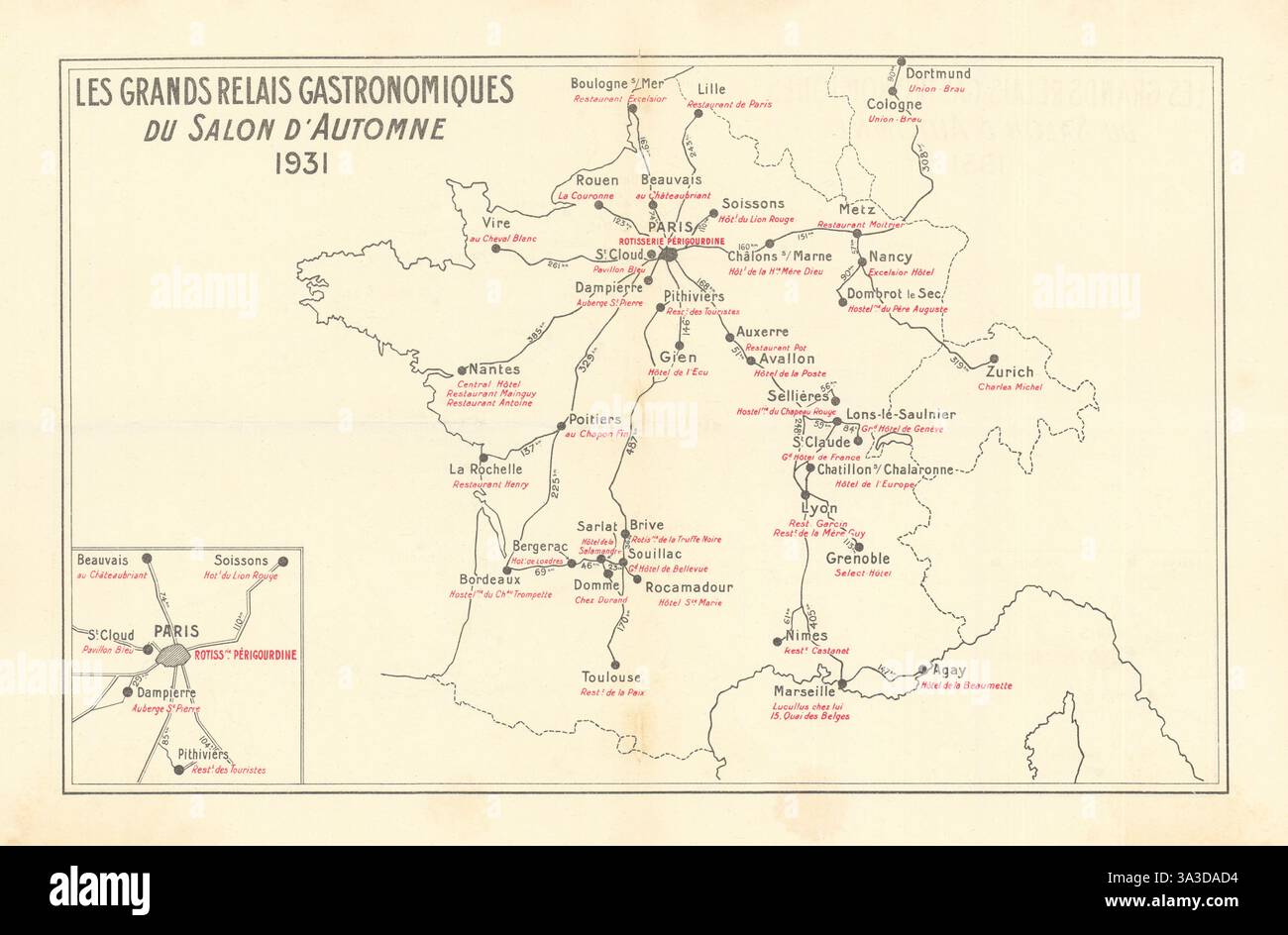 Grands Relais gastronomiques du Salon d'Automne. Top French Restaurants 1931 mappa Foto Stock