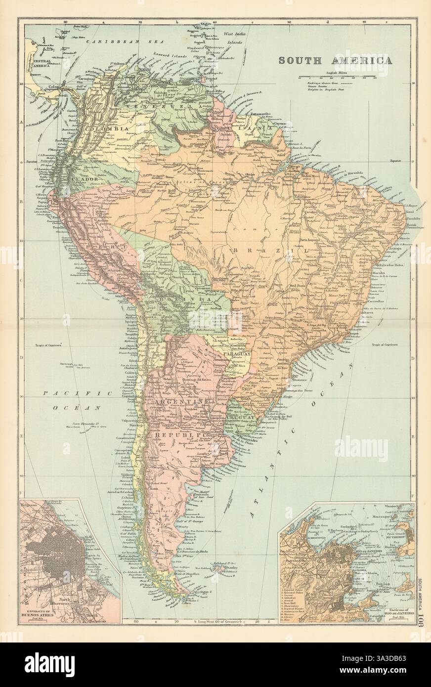 SUD AMERICA Brasile Argentina Cile Perù Ecuador da GW BACON 1898 vecchia mappa Foto Stock