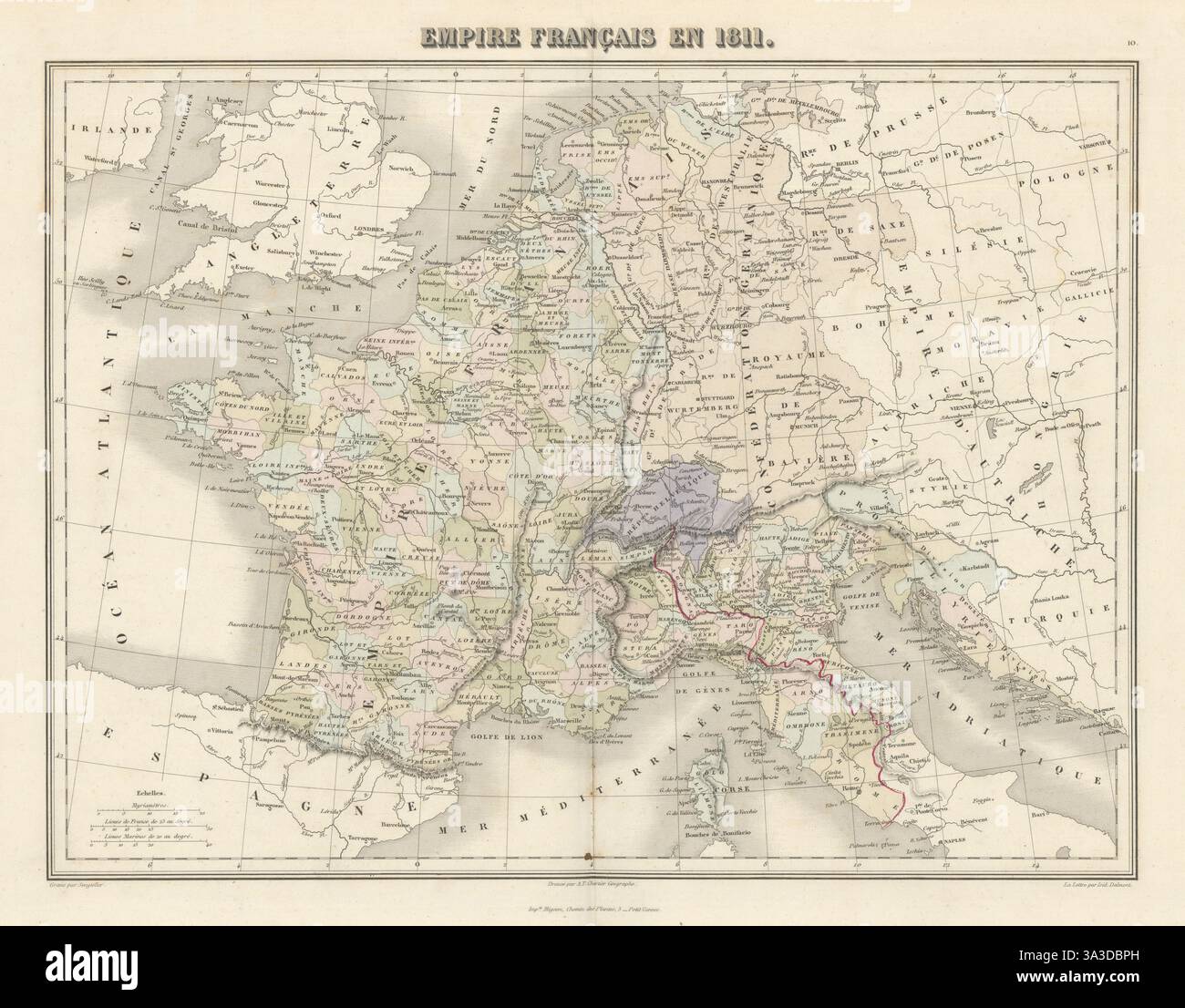Empire Francais en 1811 di Migeon. L'Impero napoleonico 1861 vecchia mappa antica Foto Stock