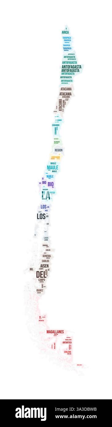 Nuvola di parole della regione del Cile. Design a forma di paese. Illustrazione colorata del Cile. Fumetto collage nomi regione. Illustrazione vettoriale. Illustrazione Vettoriale