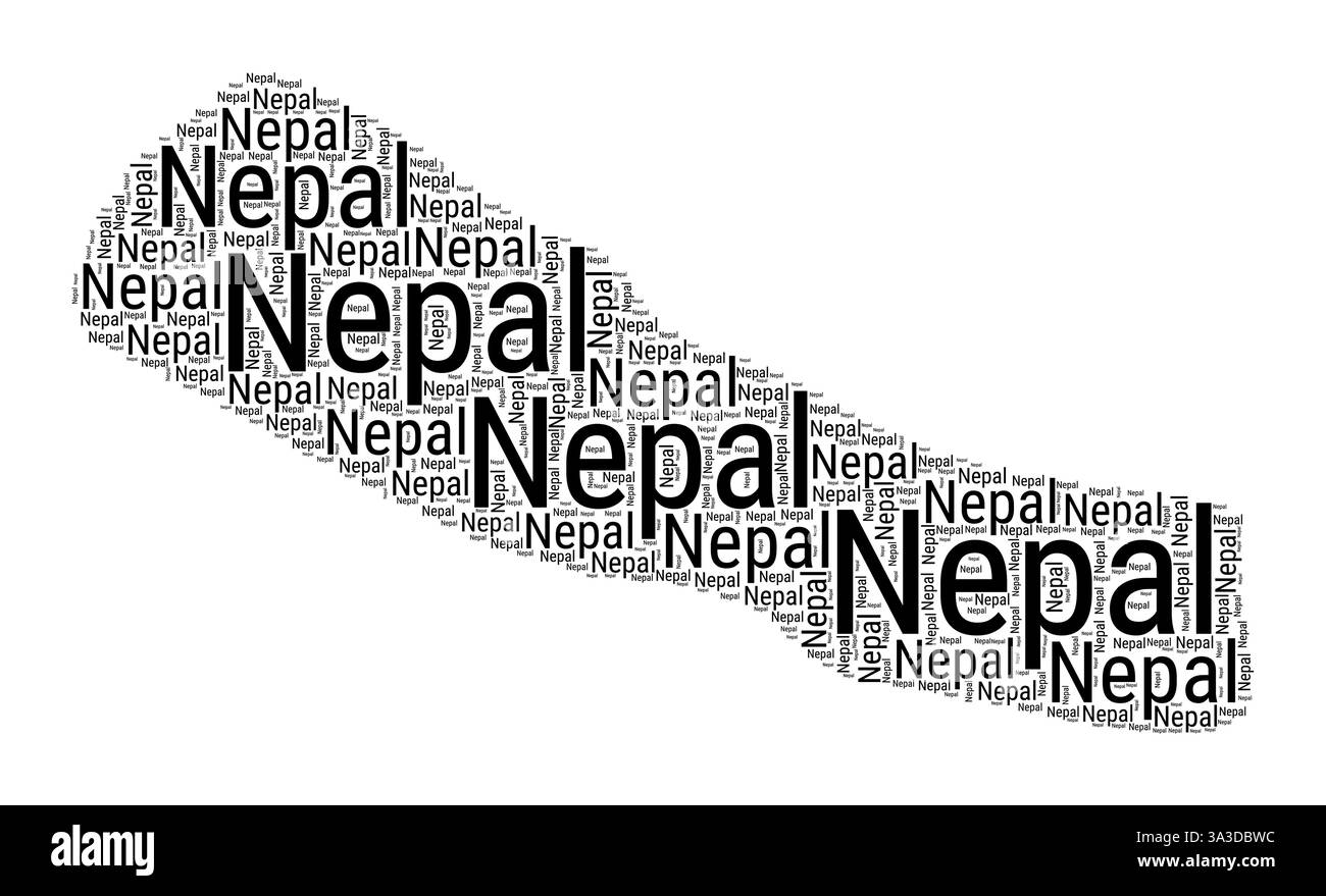 Nuvola di parole in bianco e nero in forma Nepal. Semplice illustrazione del paese in stile tipografico. Nuvola di testo nera nepalese su sfondo bianco. Illustrazione Vettoriale