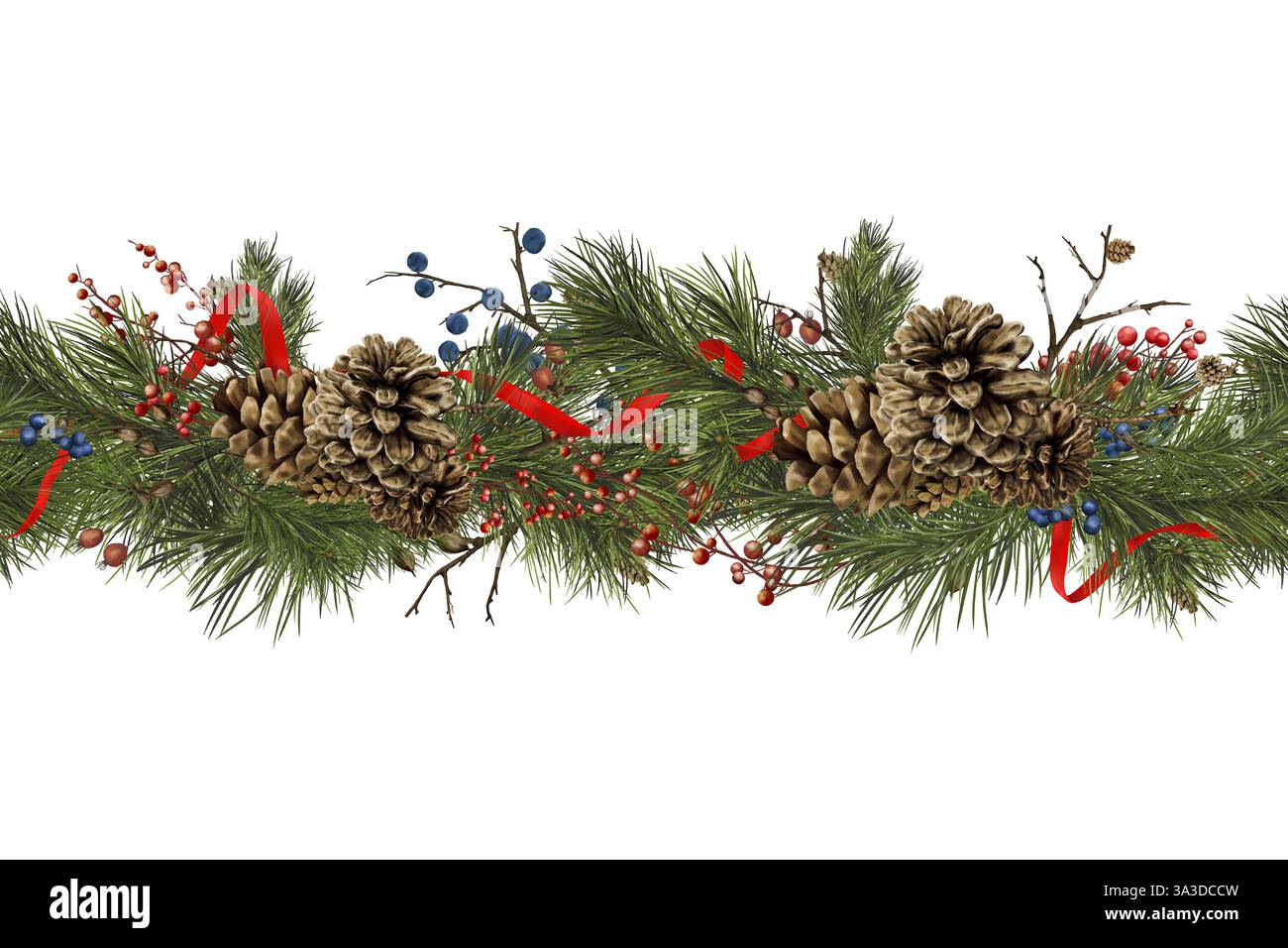 Rami e coni di pino, nastro rosso festoso sulla ghirlanda di Natale. Illustrazione digitale acquerello. Bordo orizzontale senza cuciture di conifere, verricello Foto Stock