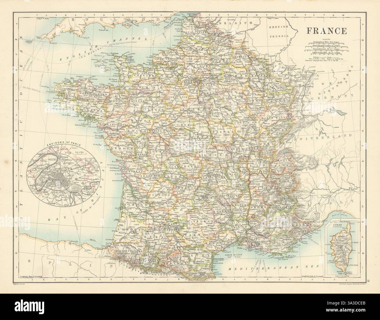France by W. & A.K. Johnston 1887 Old Old Old vintage MAP planimetria Foto Stock