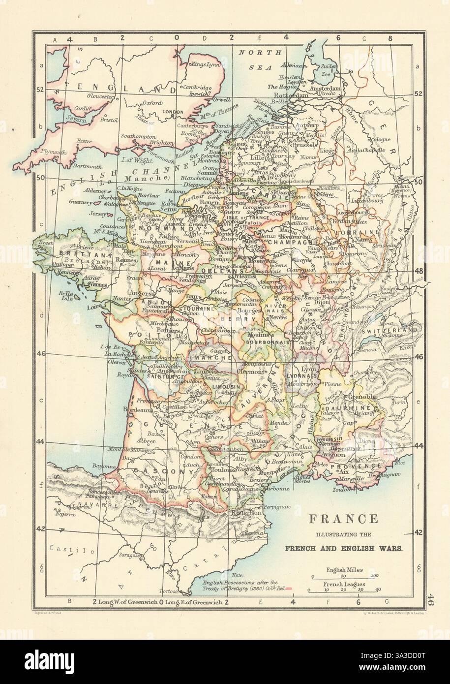 Francia, illustrazioni delle guerre francesi e inglesi. Guerra dei 100 anni vecchia mappa del 1887 Foto Stock