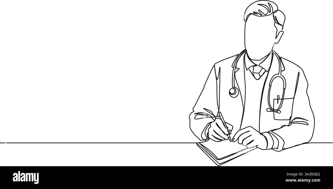 linea singola continua disegno di medico prendendo appunti, linea art vettoriale illustrazione Illustrazione Vettoriale
